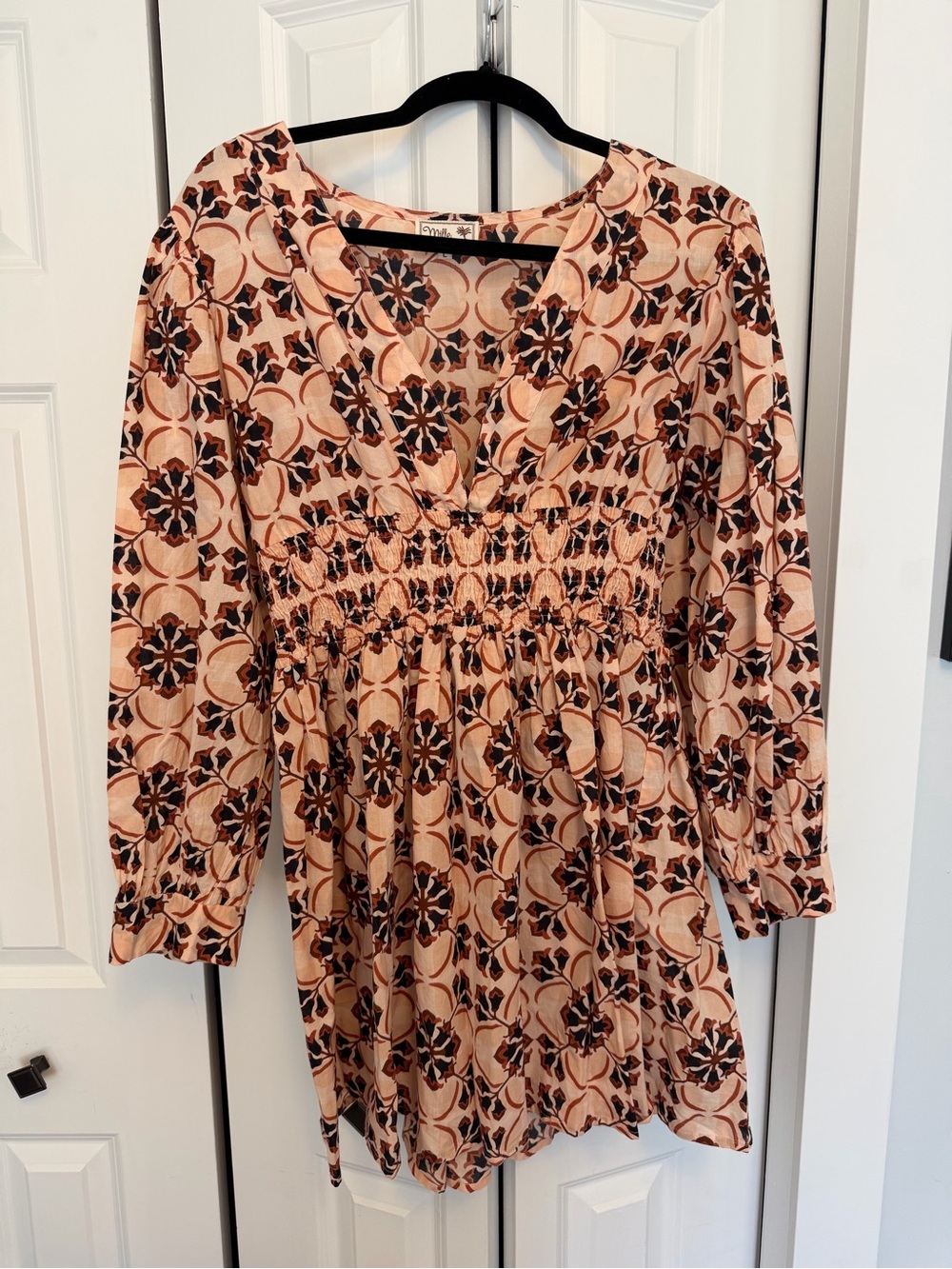 Mille Peach Floral Smocked Waist V-Neck Dress